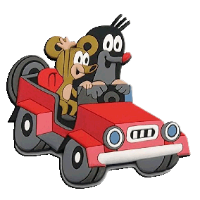 Maulwurf und Maus fahren in einem roten Auto.